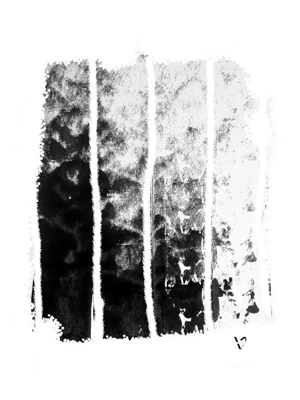 peinture abstraite en noir et blanc motifs montagneux et lignes verticales blanches